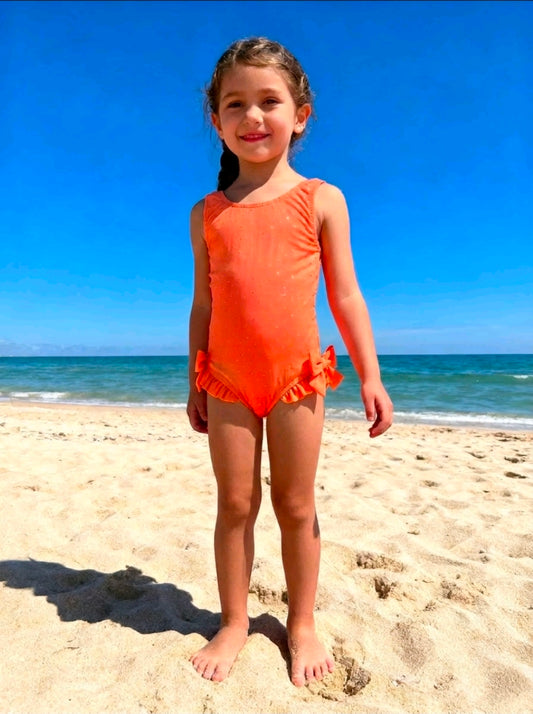 Girl's Swimming Costume- Orange With Diamantes- Ages 2 to 12