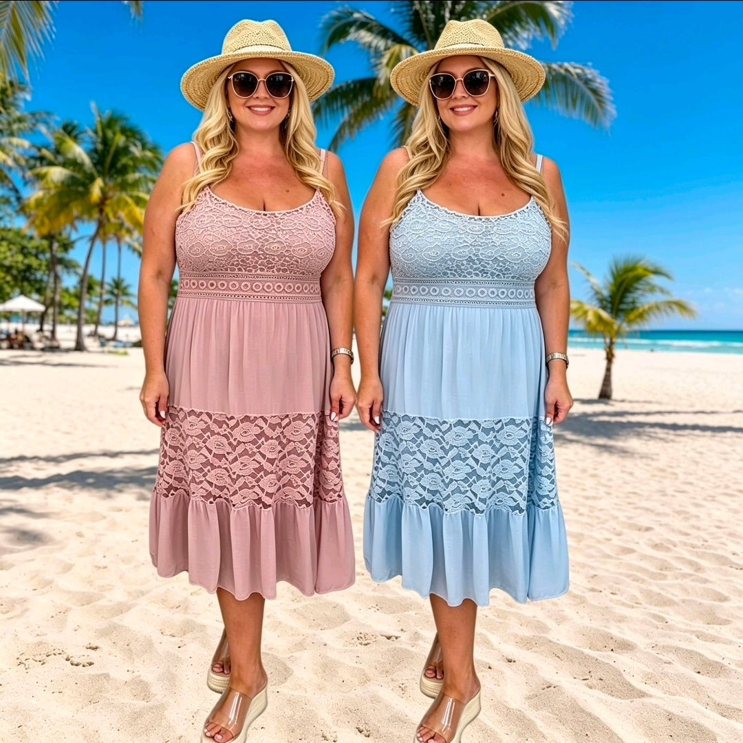 Women's Strappy Linen Broderie Anglaise Summer Dress Rose Detail Top- One Size