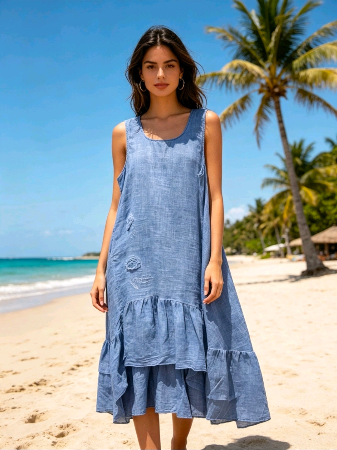 Women's Linen Oversize Dress With Flower Detail uk size 10 to 20