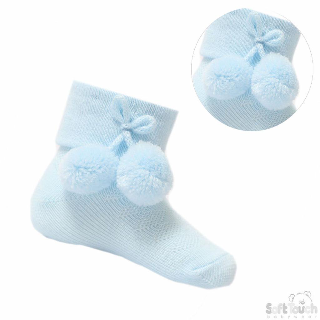 Baby Pompom Socks- Cream/Baby Blue/White- 0 to 24 Months