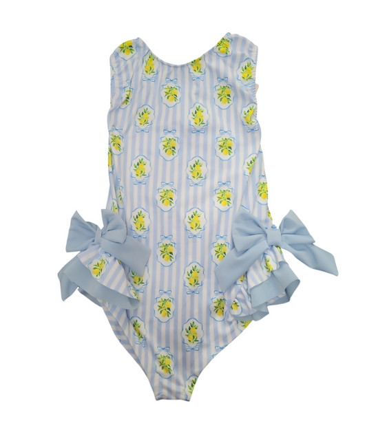 Girls Italian Styled Swimming Costume- Blue & White Stripes- Lemons- Blue Bows