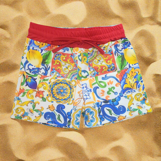 Boys Italian Styled Swimming Shorts- Multi-Coloured Print- Red Waist Band