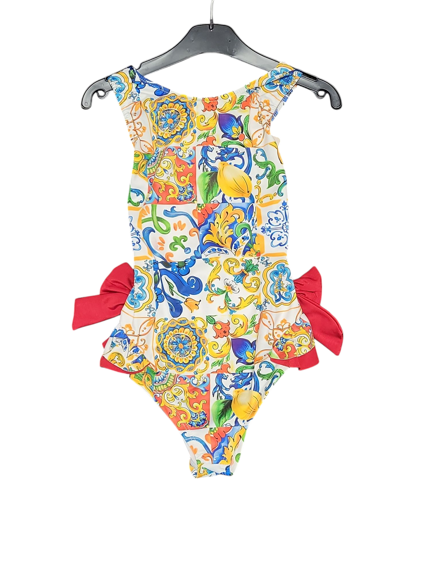 Girls Italian Styled Swimming Costume- Multi-Coloured With Red Bows