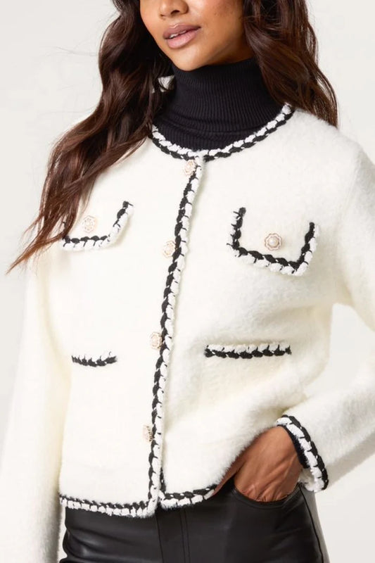 Women's Pearl Button Contrast Trim Knit Cardigan