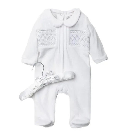 Baby Velour Smocking Detail Sleepsuit- Ivory White