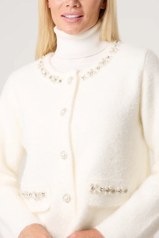 Women's Cream Diamante Embellished Cardigan