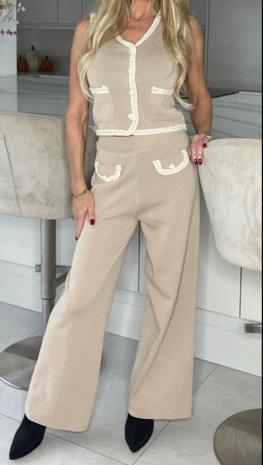 Women's Beige Contrast Waistcoat And Wide Leg Trouser Set