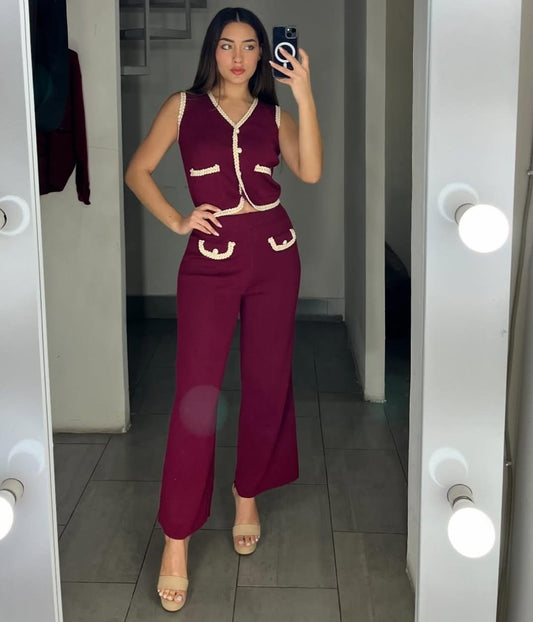 Women's Burgundy Contrast Waistcoat And Wide Leg Trouser Set