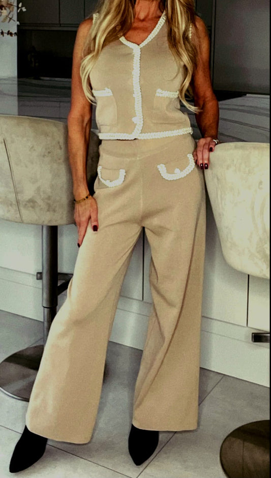 Women's Coffee Contrast Waistcoat And Wide Leg Trouser Set