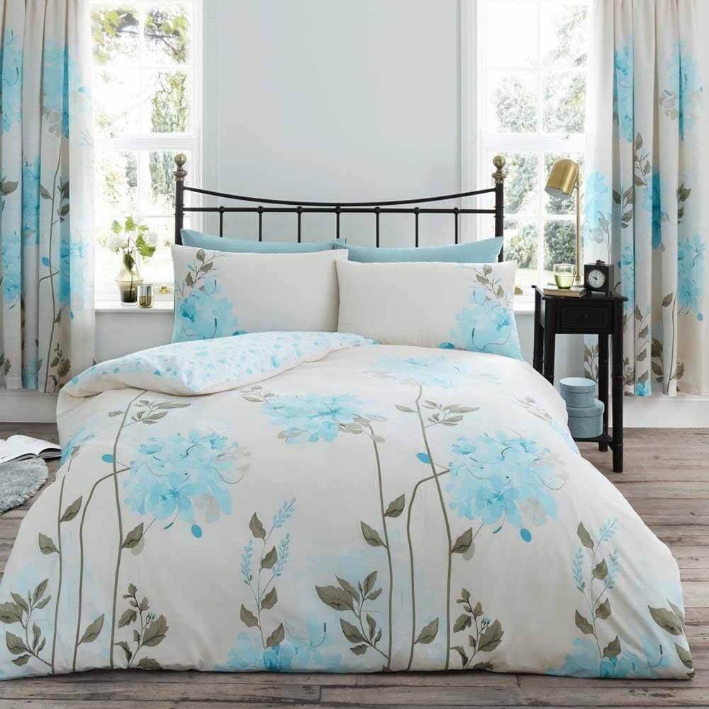Teal Flower With Gray Background King Bedding Set