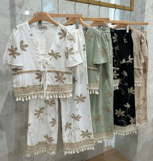 Women's Cotton 2 Piece Gold Leaf Design Outfit With Tassels