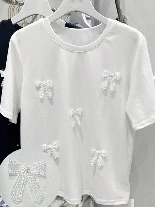Womens T-Shirt With 3D Bows White Or Black