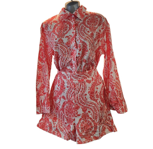 Women's Paisley Pattern Two Piece Shorts and Long Sleeve Button Shirt Orange And White