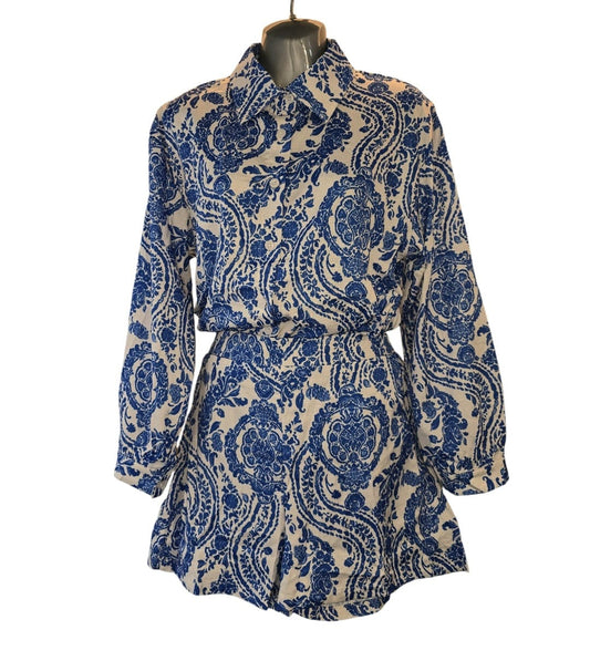 Women's Paisley Pattern Two Piece Shorts and Long Sleeve Button Shirt Blue And White