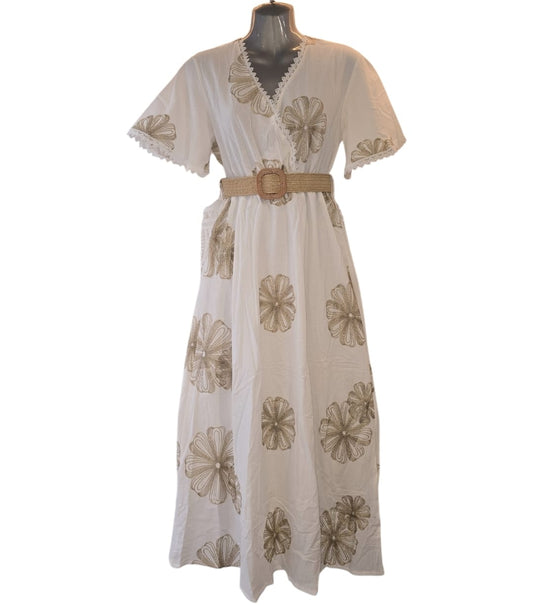 Women's Boho White Dress With Gold Flower Embroidered