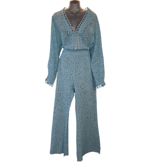Women's Broderie Anglaise 2 Piece Trouser set Sky Blue