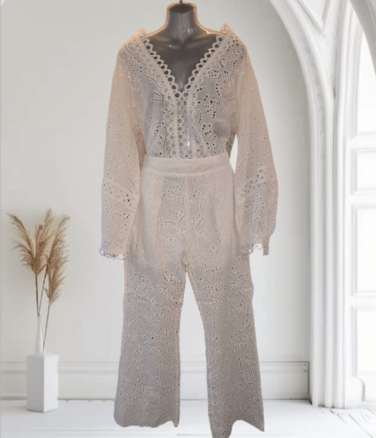 Women's Broderie Anglaise 2 Piece Trouser set White