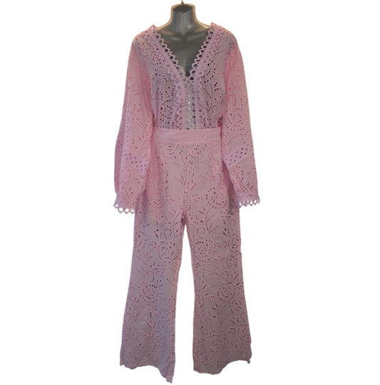Women's Broderie Anglaise 2 Piece Trouser set Pink