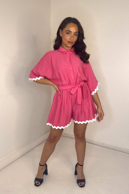 Women's Pink And White French Lapel Front Buttoned Tie Waist Trim Detail Playsuit.