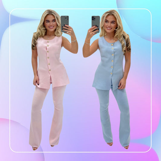 Womens Baby Pink And Baby Blue gold button waistcoat trouser set