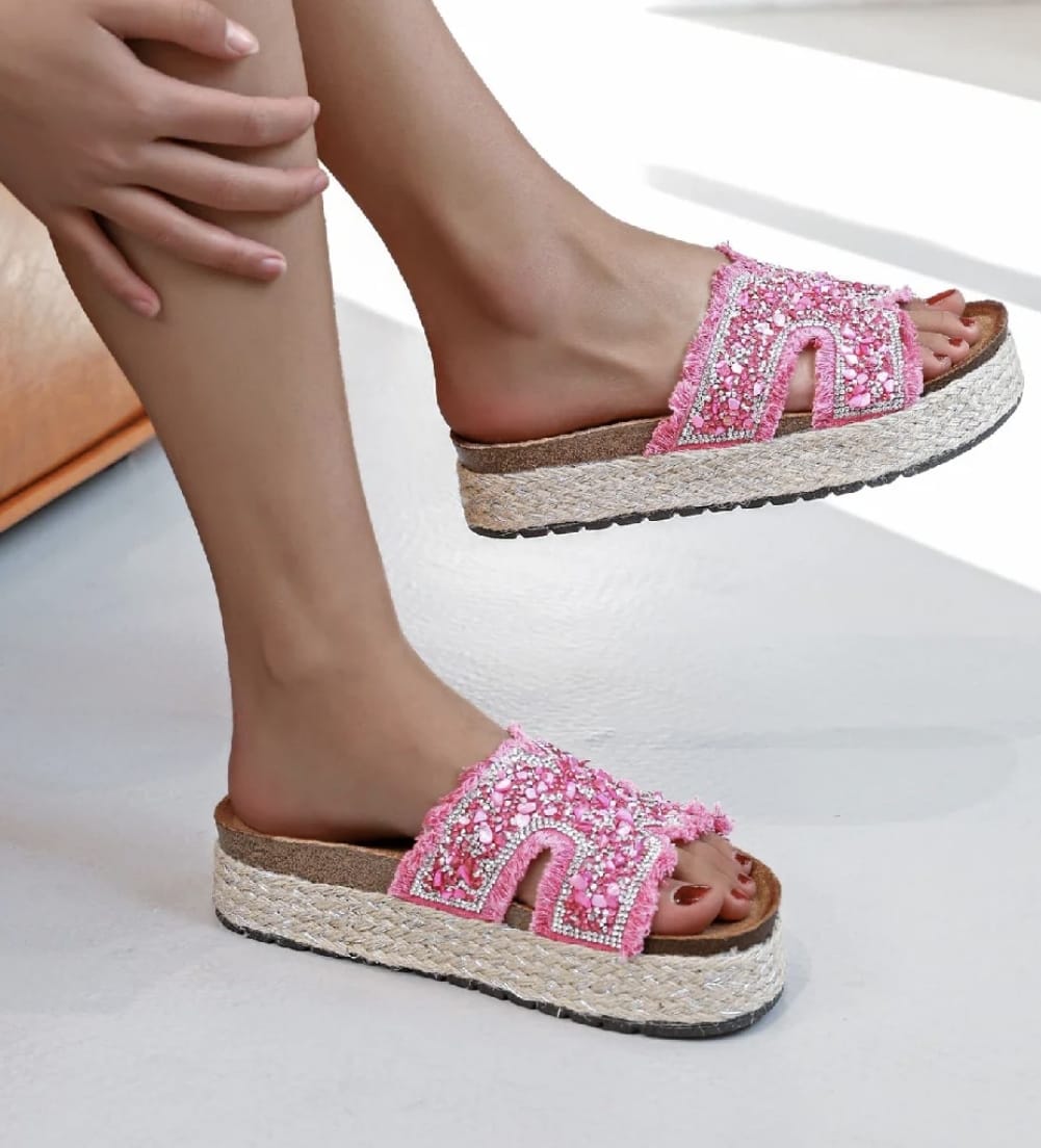 Women's Pink Raffia Sandal Flip Flop With Crystals And Sea Shells