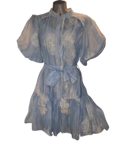 Women's Sky Blue and White Flower Detail Dress