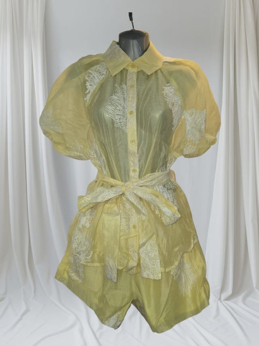 Women's Yellow Two Piece Shorts And Shirt With White Embroidered