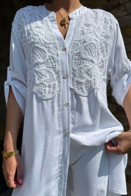 Women's Linen Shirt Dress With Crochet White