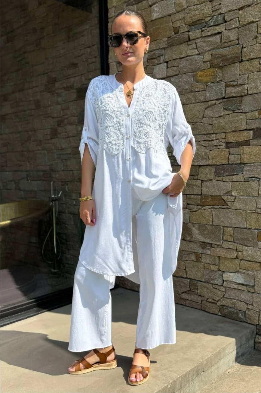 Women's Linen Shirt Dress With Crochet White