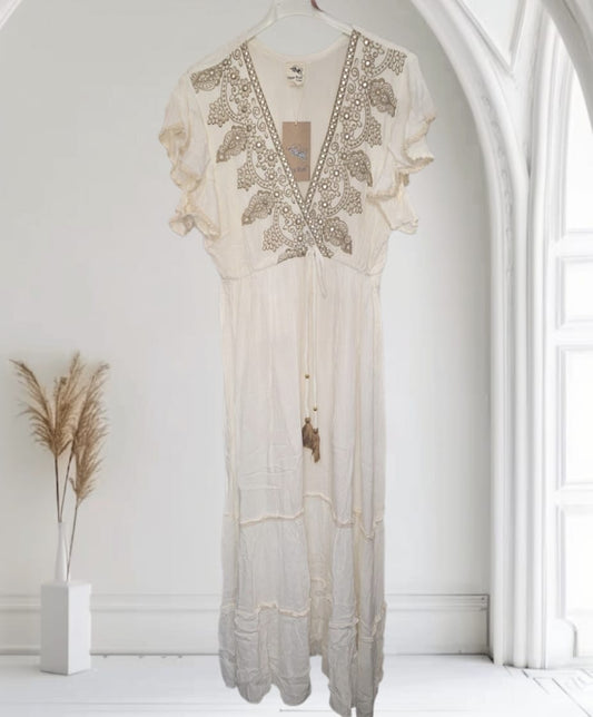 Women's Long Boho Linen Dress With Embroidery