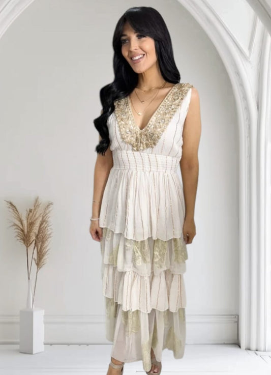Women's Long Layered Boho Dress With Gold Embellishment.