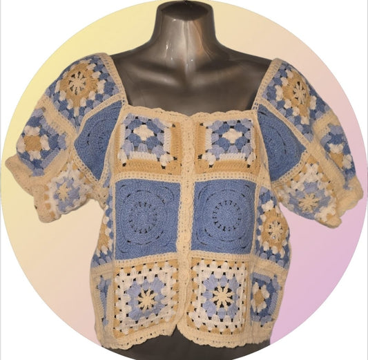 Women's Crochet Sky Blue And Beige Cardigan.