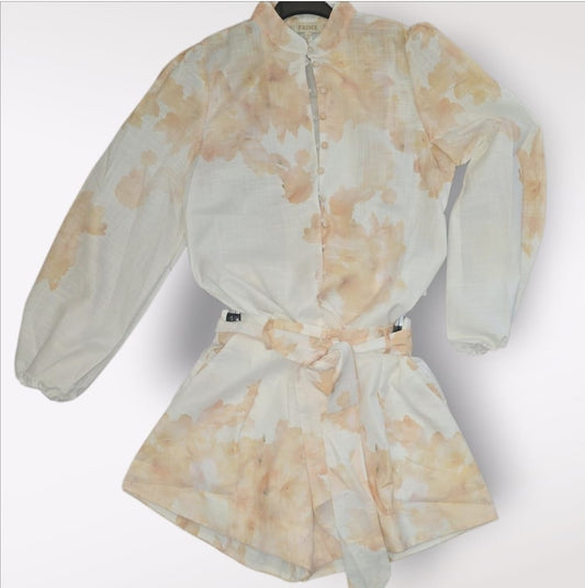 Women's Peach Floral Print Shorts With Tie And Shirt.