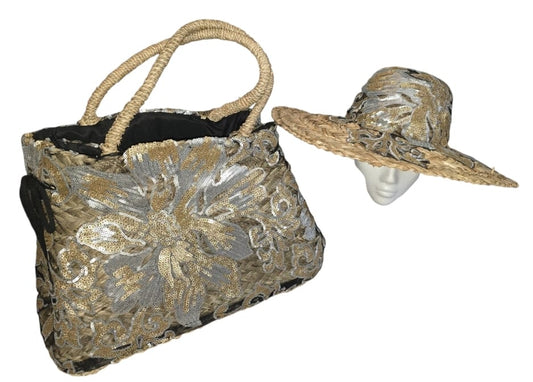 Women's Black Lace With Gold And Silver Sequins Beach Bag