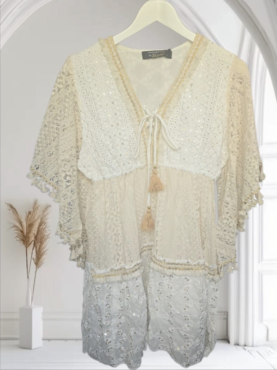 Women's Boho White Crochet And Beige Lace Dress