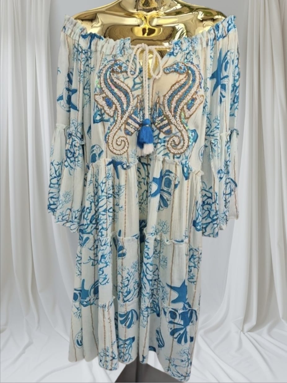 Women's Boho Seahorses Beaded Bardot Dress