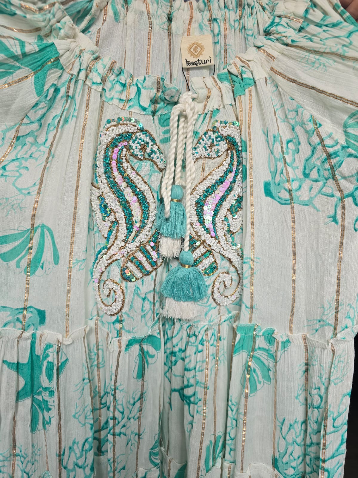 Women's Boho Seahorses Beaded Bardot Dress