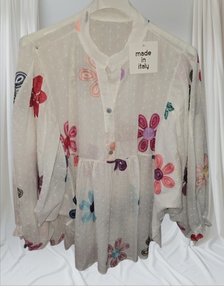 Women's Over Size White Top With Puff Sleeves With Embroided Flowers