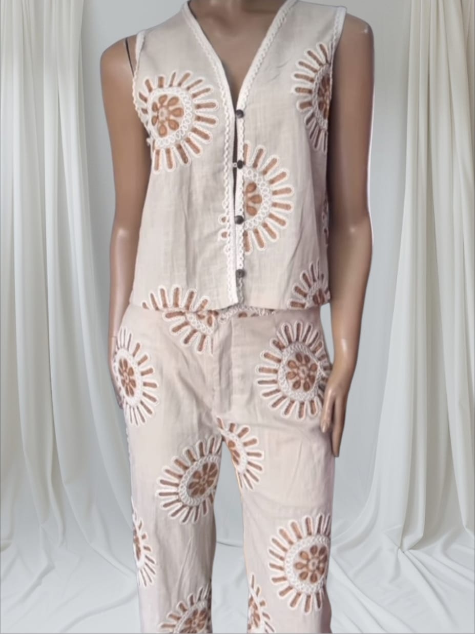 Women's Beige Linen Top And Trouser Set With Cameral And Cream Embroidery