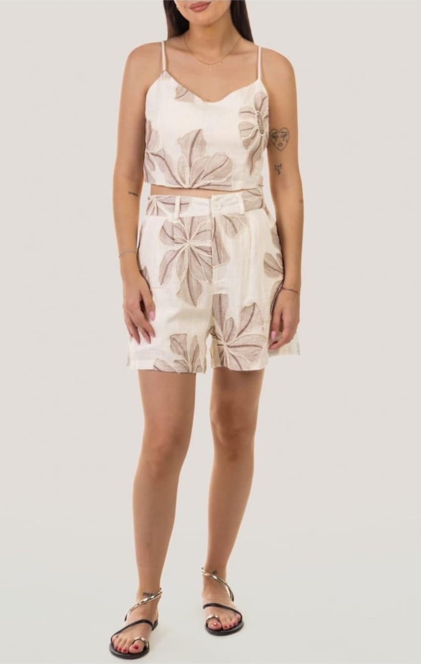Women's Shorts And Top Set With Flower Detail In Brown