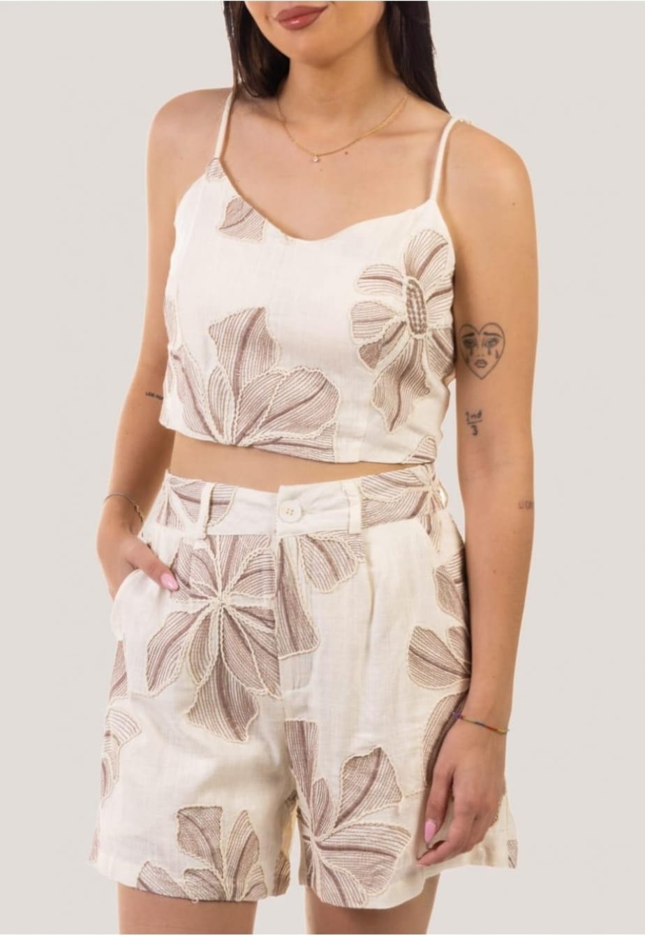 Women's Shorts And Top Set With Flower Detail In Brown