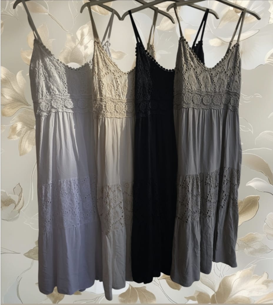 Women's Strappy Linen Broderie Anglaise Summer Dress Flower Detail Pattern Top - One Size