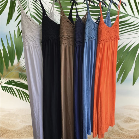 Women's Linen And Crochet Maxi Dress