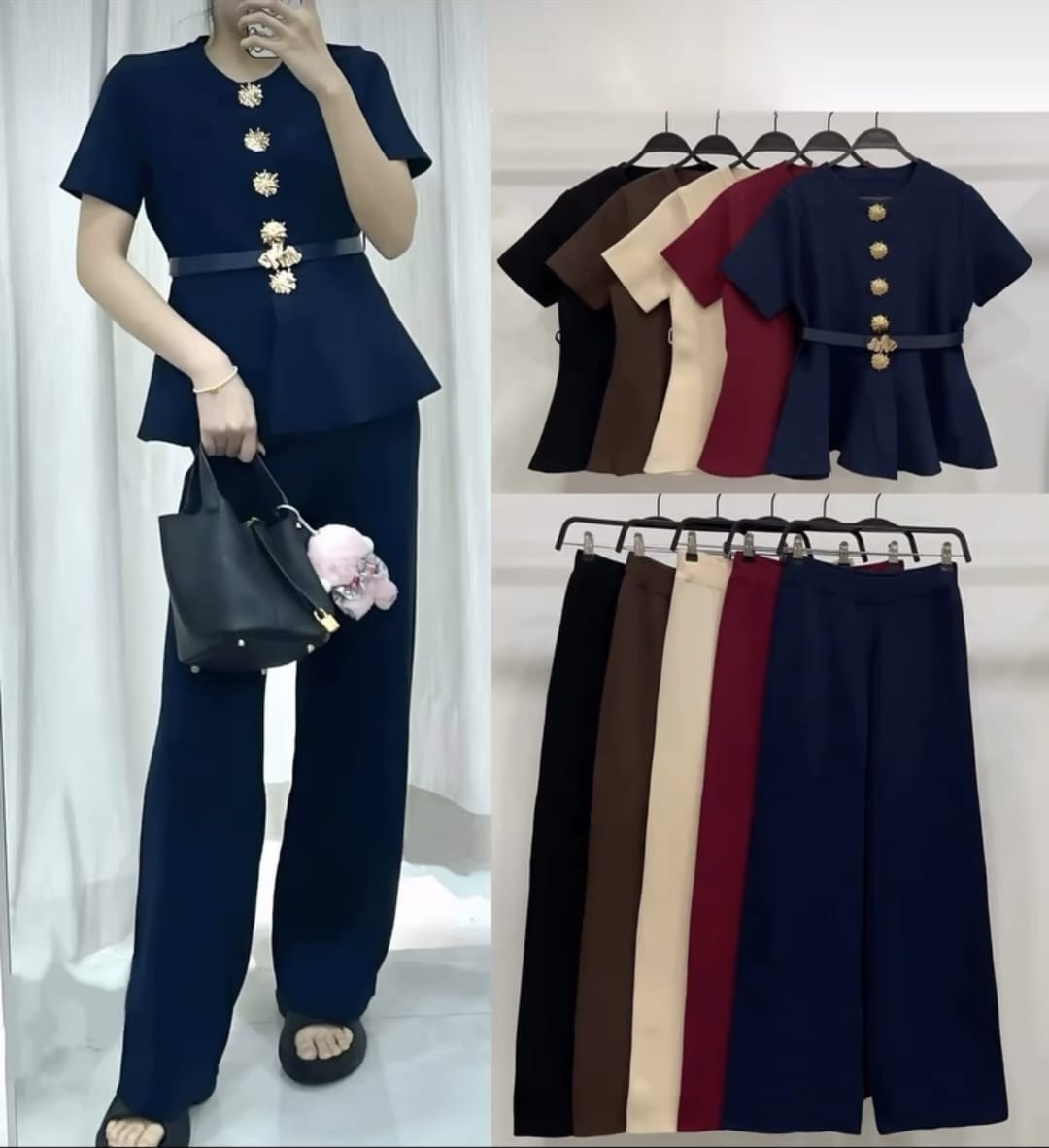 Women's Smart Lounge Suit With Gold Button Detail And Belt