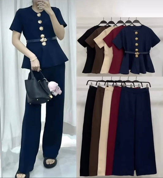 Women's Smart Lounge Suit With Gold Button Detail And Belt