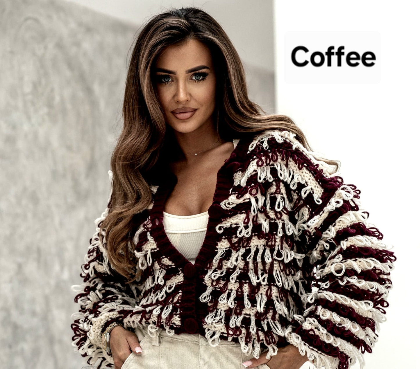 Women's Loopy Mohair Cardigan- Coff, Camel, Brown