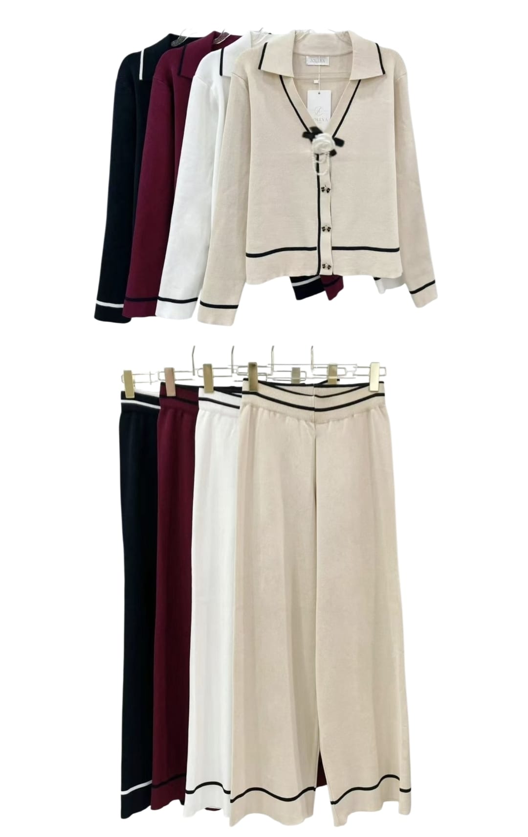 Women's Burgundy Lounge Wear With Black Pipping And Brooch.