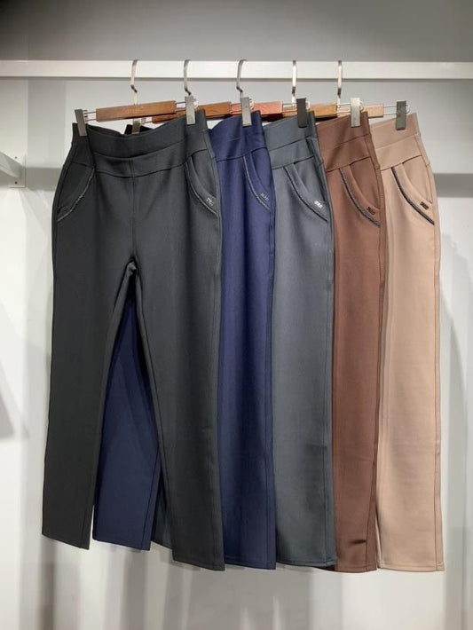 Women Stretch 2 Pocket Detail Trousers Navy And Brown