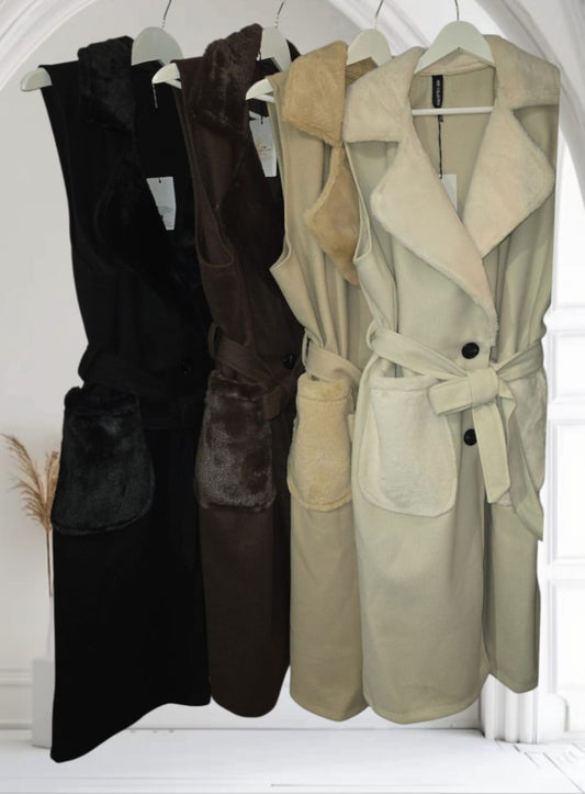 Women's Long Gilet With Faux Fur Pocket And Collar.