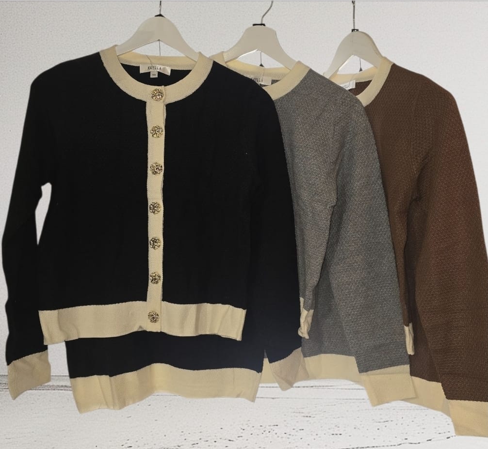 Women's Knit Wear Two Piece Skirt Set With White Pipping And Gold Button